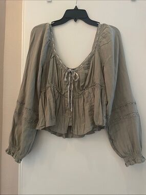 American Eagle Outfitters Sage Green Peasant Tie-Front Blouse